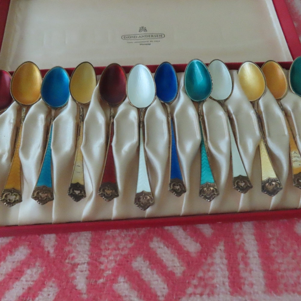 David Andersen Norway 12 Sterling Silver Guilloche Enamel Spoons Gold Demitasse